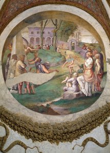 Scene, der viser, at de, der er født under Tvillingernes tegn i forbindelse med stjernebilledet Haren, har en evne til at løbe hurtigt, symboliseret ved kapløbet mellem Hippomenes og Kl. af Giulio Romano